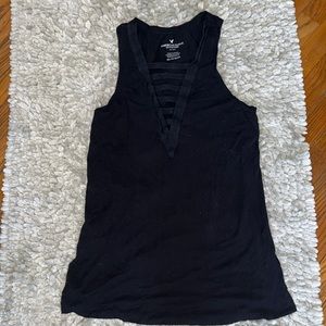 American Eagle Black Tank with Cutout V-Neck